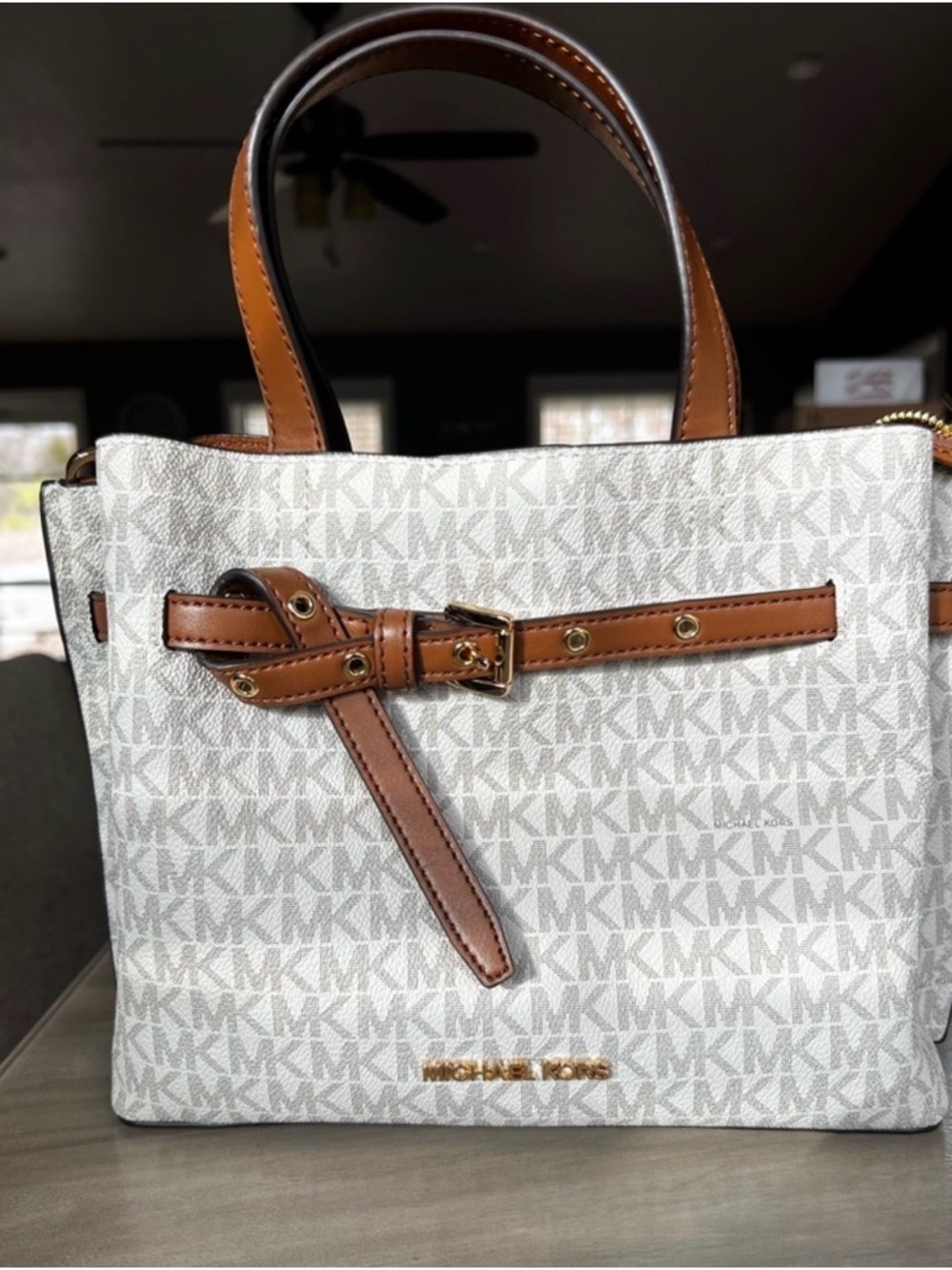 Michael Kors Cream Logo Tote with Brown Leather Trim